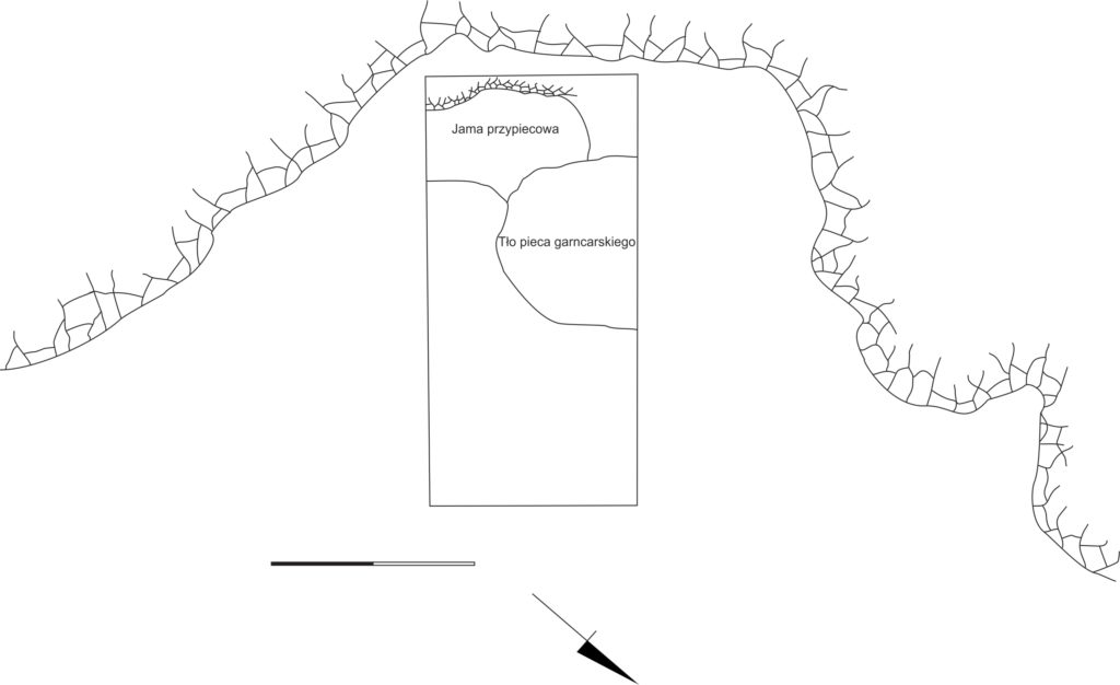 Plan Schroniska Garncarskiego z zaznaczonym wykopem Waldemara Chmielewskiego oraz odkrytymi przez niego strukturami.
